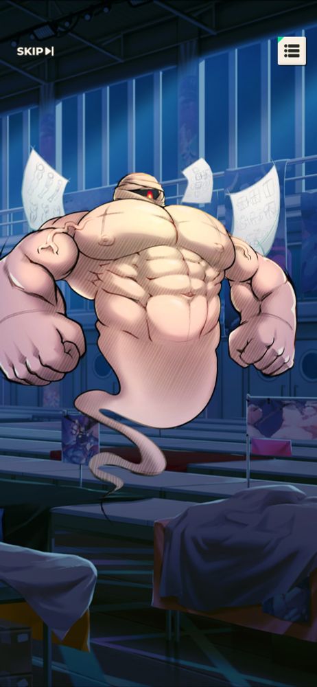 A buff ghostly figure with no legs and 1 eye. Paper blows around it