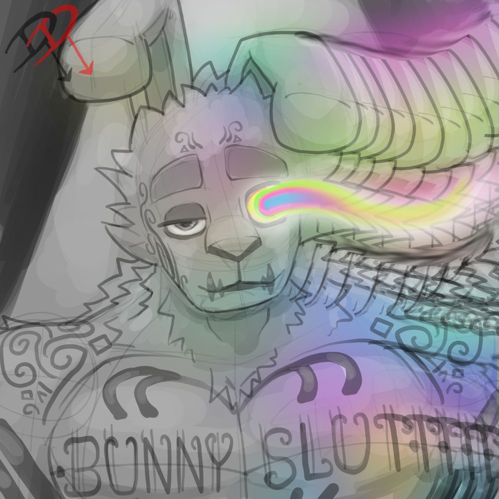 Digital sketch of the bunny man Dave in his final degenerate form - as a portrait.
He's all tatted up, his chest branded with his chosen degrading name, BunnySlut. The picture itself is distorted on the right side, as it bleeds off in copies of itself, the left eye also stretches with the distortion, showing hypnotic lights.
Degenerate Dave has a look of acceptance on his face, now taking his hypnotized self in stride, enjoying the hedonistic things he does and doesn't remember.