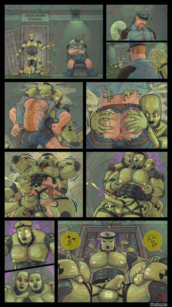 A rough long comic involving 3 of my unnamed human ocs. Two of them have been droned into crash test dummies - in a previous comm by the same person who comm'd this comic.
This comic plot's about these two drones breaking out of storage to spread their goopy drone-ness to another.
This being a security guard.
After being drones, he's now 3 times more buff and almost uncontrollably horny, even more than the other drones. While most of the guard's clothes has dissolved from the droning process, some of the cltohes has survived, making him look similar to a crash dummy leather-daddy. Now the previous drones are suffering the consequences, perhaps that's what they wanted.