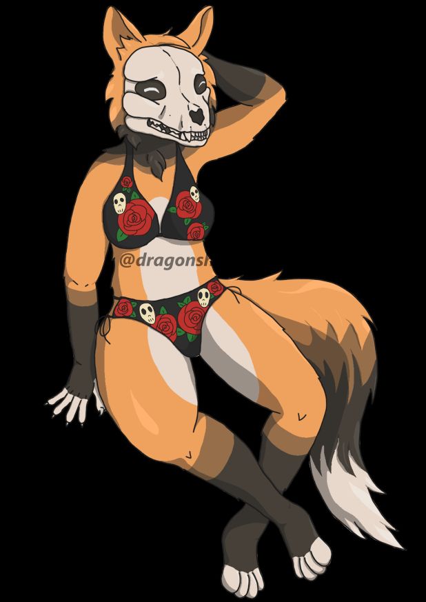 A skulldog in a reclining pose with one hand behind their head wearing a bikini with a skulls and roses theme.