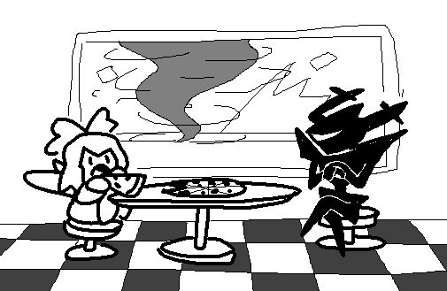 ribbon from kirby 64 and the roaring knight from deltarune share a pizza while a tornado ravages the city outside