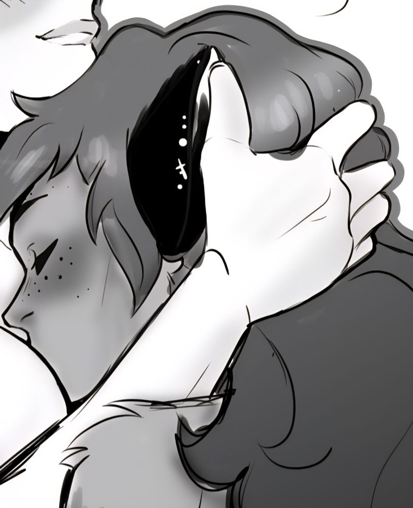 A cropped sneak peek of a digital art featuring Catra (and Adora, barely) from She-Ra (2018).
Catra's face is squished, her eyes closed as Adora’s hand weaves through her hair and cups the back of her head to keep her close. Adora is barely visible under her as she grins breathlessly, a blush speading on her face.