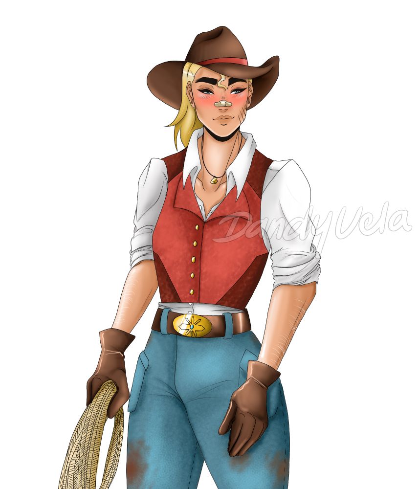 A digital illustration of Adora from my Hallmark AU. She has She-Ra's built and height, but her hair is short and dark blonde, like her usual form. Her clothes reflect her canon outfit: white button-up shirt with the sleeves rolled up, a red and maroon vest. Her jeans are dirty and muddy, the buckle on her belt has She-Ra's symbol on it. She holds a bundled up rope in one hand, leather gloves on both, and a cowboy hat on her head. She is smiling softly, eyes narrowing even as she has scratches marking her face and a bandaid across her nose.