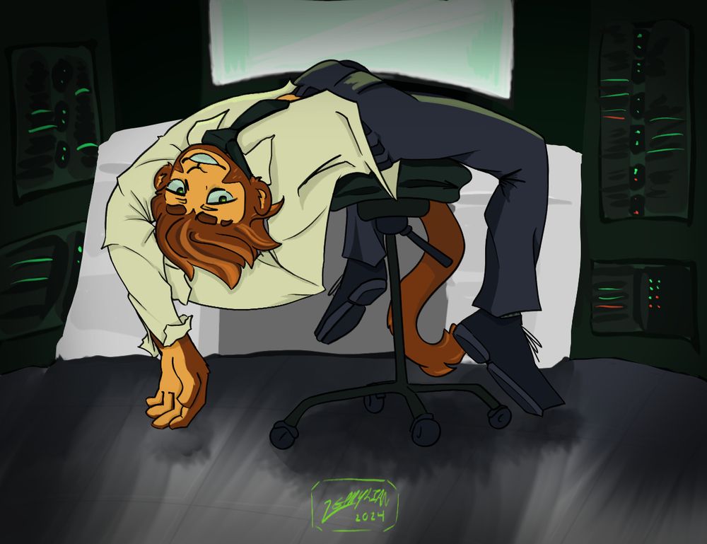 Stylized art of the monkey hero Benjamin. He is wearing a rumpled white dress shirt, black pants, black dress shoes and a dark green tie. He is leaning out of a backless office chair and grinning at the camera. 