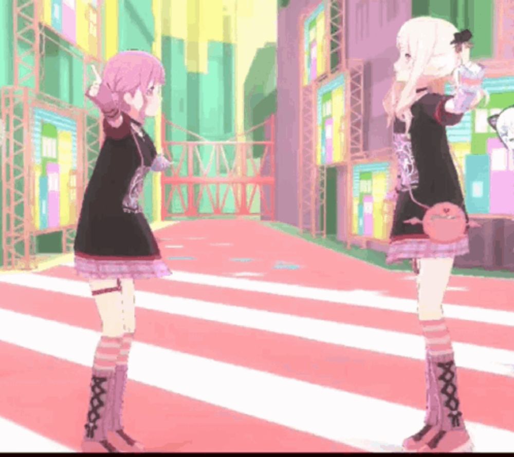 two anime girls standing next to each other on a pink and white striped floor