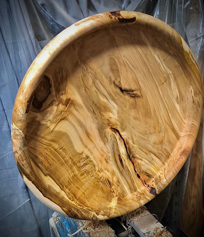 First giant bowl/platter turned on Vic300 figured maple blank started 18” round