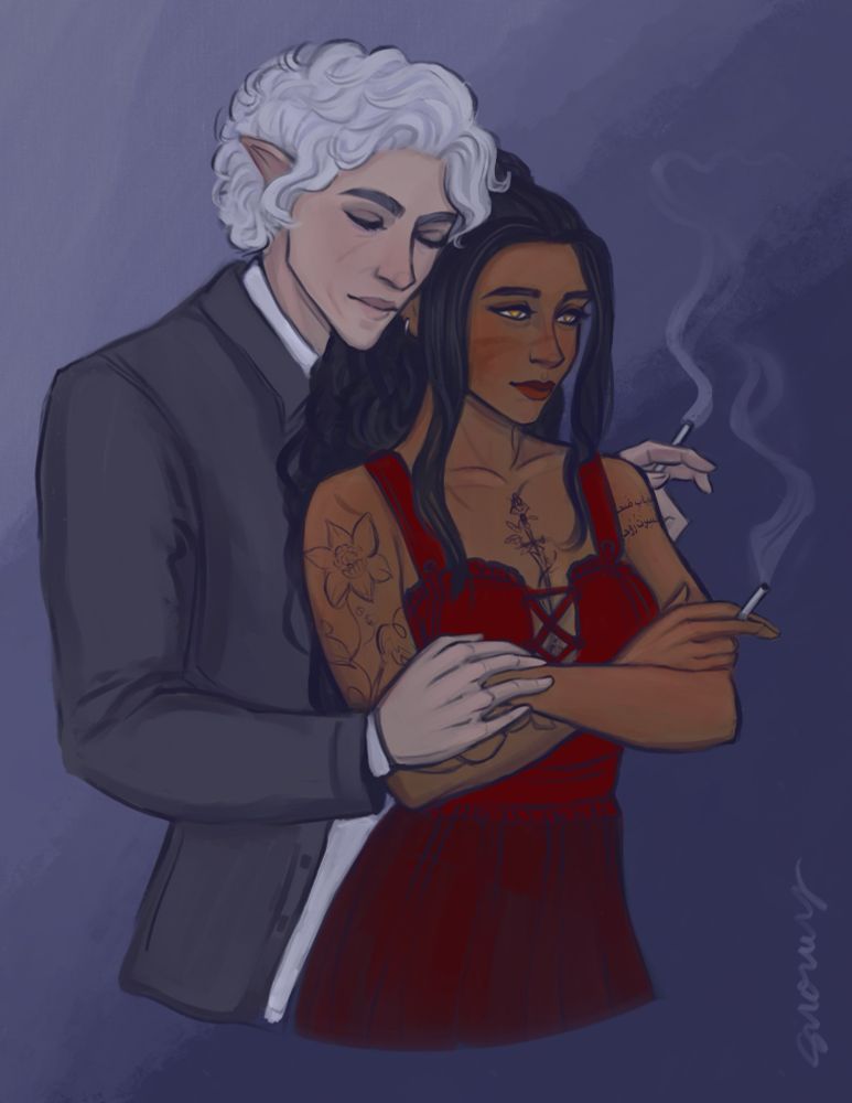 A colored sketch of Astarion wearing a black jacket and white undershirt, he has his eyes closed, a cigarette in one hand and is resting his head on a half elven woman with crossed arms. She is wearing a sleeveless red dress. She has long wavy black hair, brown skin, a scar on her left cheek, and gold colored eyes — she is looking forward with a concerned look and has a cigarette in one hand.