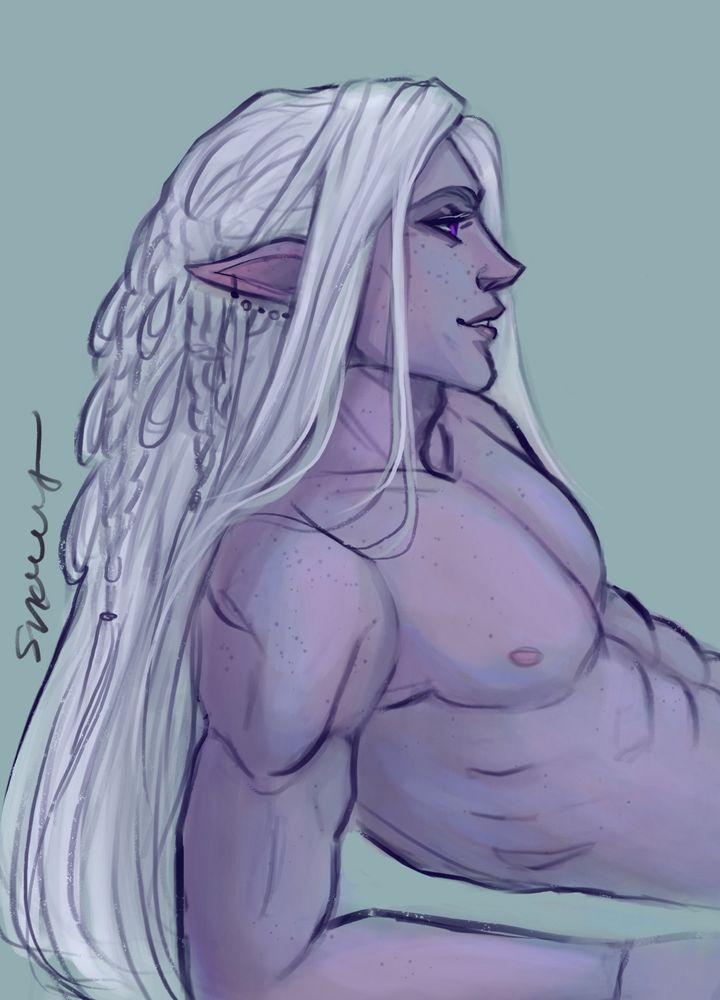 A drawing of a shirtless male moon elf (Falinrys - my Tav’s brother) lying on his elbows and smiling slightly. He has nice musles and icy/purplish skin color and freckles. He has long white hair intricately braided in the back and purple eyes. 