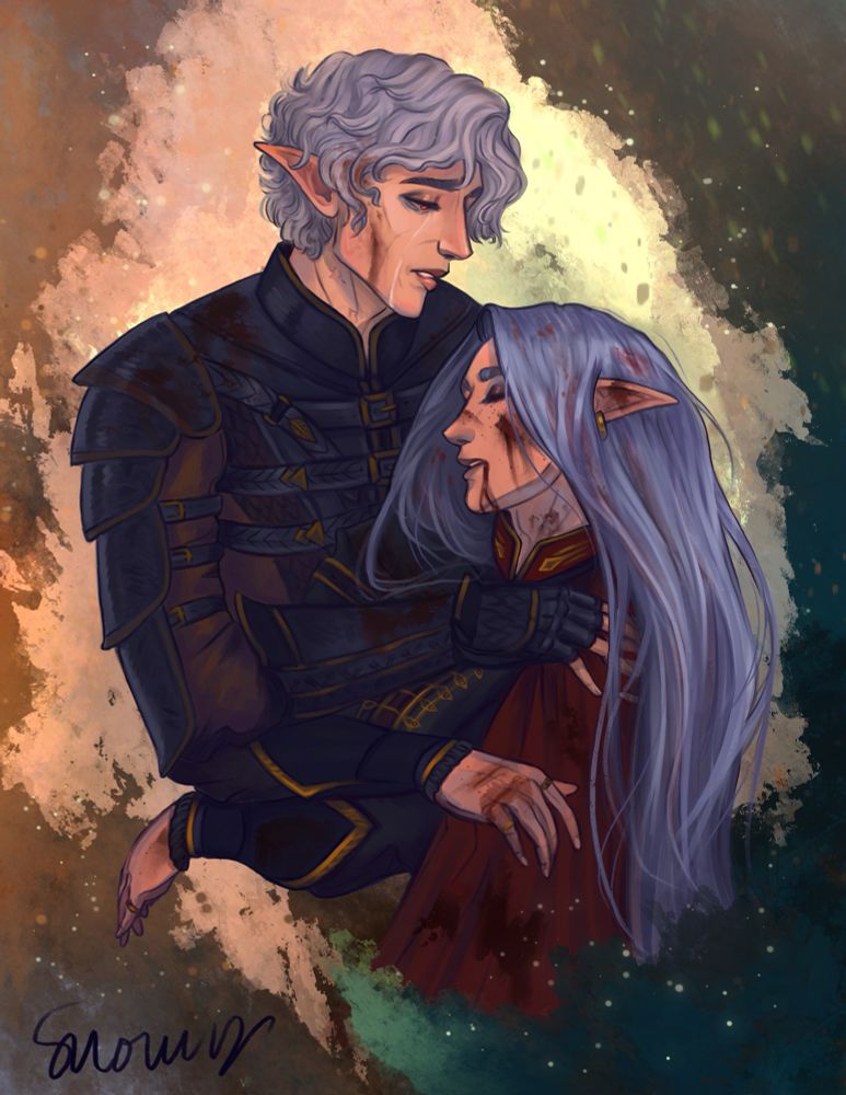 A digital drawing of Astarion holding my male elf Tav (Tali) in his arms. Astarion is wearing black and brown leather armor with buckles and straps, his hair is disheveled, he has blood on his face and armor, and he is crying while looking down at Tali. 

Tali’s mouth is open and his eyes are closed, he has blood on his hair, face, armor, and hands. He has long silver grey hair,  freckles, and black, gold, and red armor. 

The background has thick brush strokes in tan, orange, brown, green, dark teal and bright yellow-green surrounding the figures. 