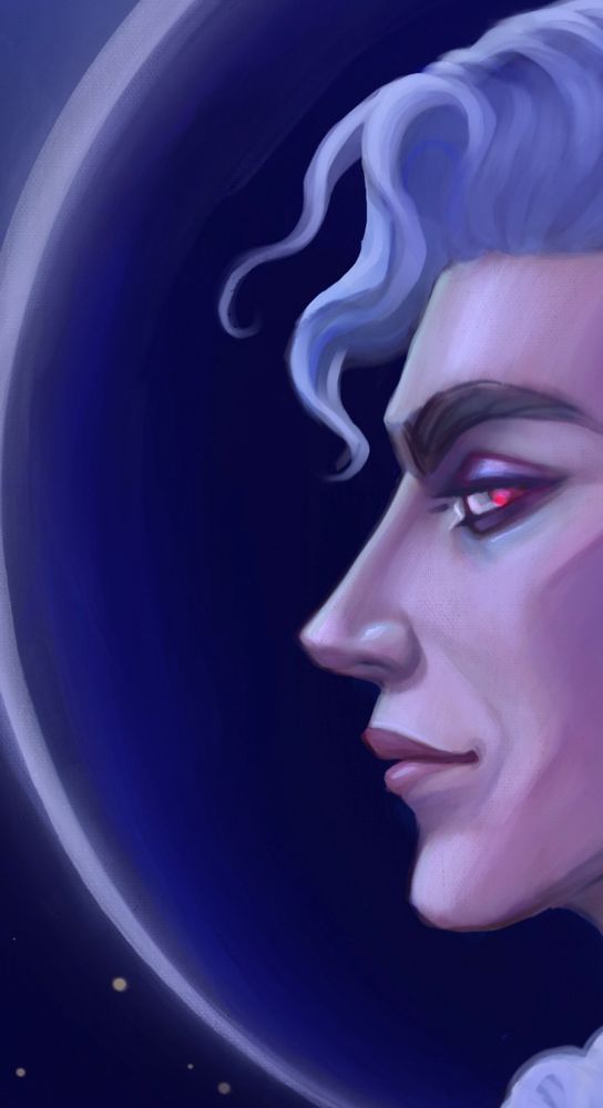 A clipped WIP painting of Astarion’s face with a dark blue background and the semblance of a crescent moon around him. He looks like he judging the viewer, bc that’s just the elf that he is sometimes.