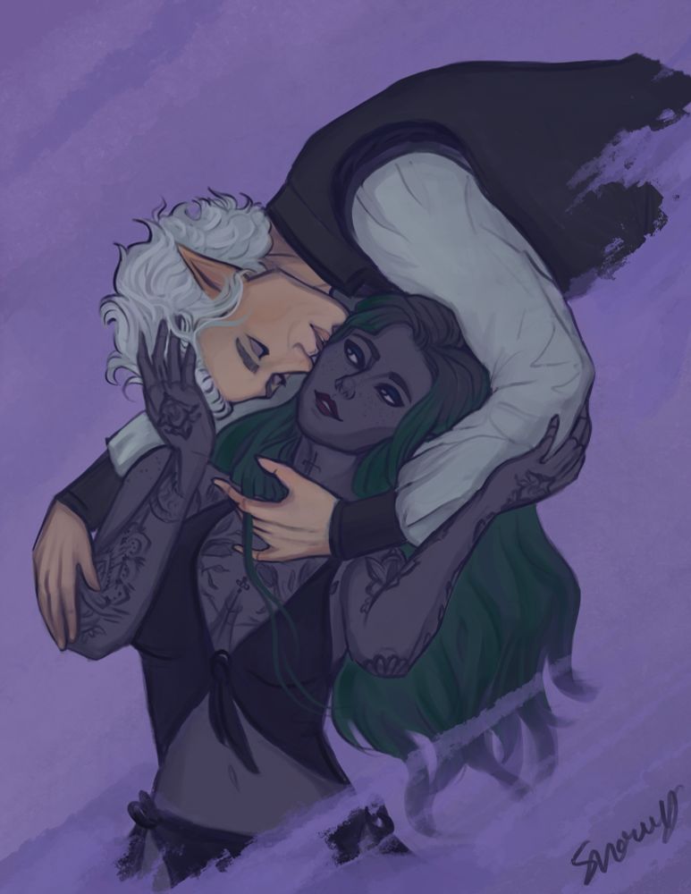 This is a sketch of Astarion and a half-drow woman. They are laying down and her green hair is flowing to her right. She has many tattoos and is wearing a sleeveless black top that ties in the middle, and a bottom that ties on the sides. She is embracing Astarion with a smile as he is opposite of her, laying on his sode with one arm holding her elbow and the other resting on her chest, holding a lock of her hair. His eyes are closed and he is pressing his lips gently on her upper cheek. he is wearing a black tunic, black bracers, and a white shirt underneath. 