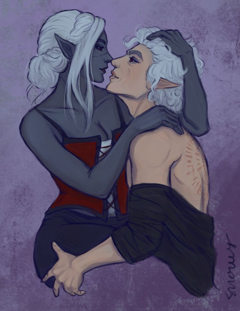 This is a sketch of Astarion and a drow woman embracing. She has one hand on Astarion’s shoulder and one on his hair, and it appears as if she’s sitting on his lap. She is wearing a red corset top with a white shirt under it, and dark grey pants. Her skin is dark grey, and she has red eyes and white hair. She is returning an amorous gaze with Star, who is gripping her posterior, and whose black shirt has fallen to his elbows revealing the scars on his back.