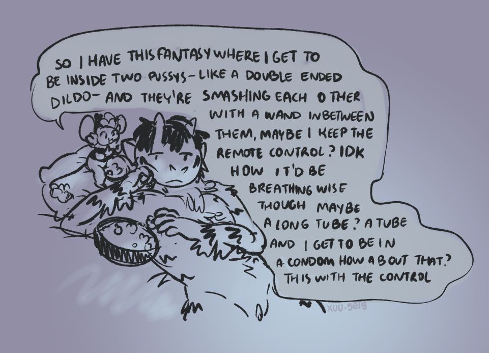 doodle with ramzi and ratita laying on bed. he is laying naked pussy out style with a big bowl of popcorn next to him, ratita has a small bowl of popcorn (she is as big as a bottle) and has a ribbon and a crop top, shes sitting next to his head over a pillow. the background makes it implied they're watching TV. Ratita is saying "So I have this fantasy where I get to be inside two pussys - like a double ended dildo - and they're smashing each other with a wand inbetween them, maybe i keep the remote control? idk how it'd be breathing wise though maybe a long tube? a tube and i get to be ina  condom how about that? this with the control". Ramzi is paying attention to the TV while he grabs a popcorn. It looks like his soul has left him long ago.