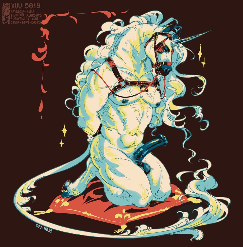 white/blue furry unicorn horse with a big dick and natural fair and symmetrical milky titty jugs on his knees over a red pillow.  he has a red chest leather piece and his arms are tied on his back with red rope. He's wearing the horse head accessory whose name I don't know. Ok I just looked up it seems the name is bridle.