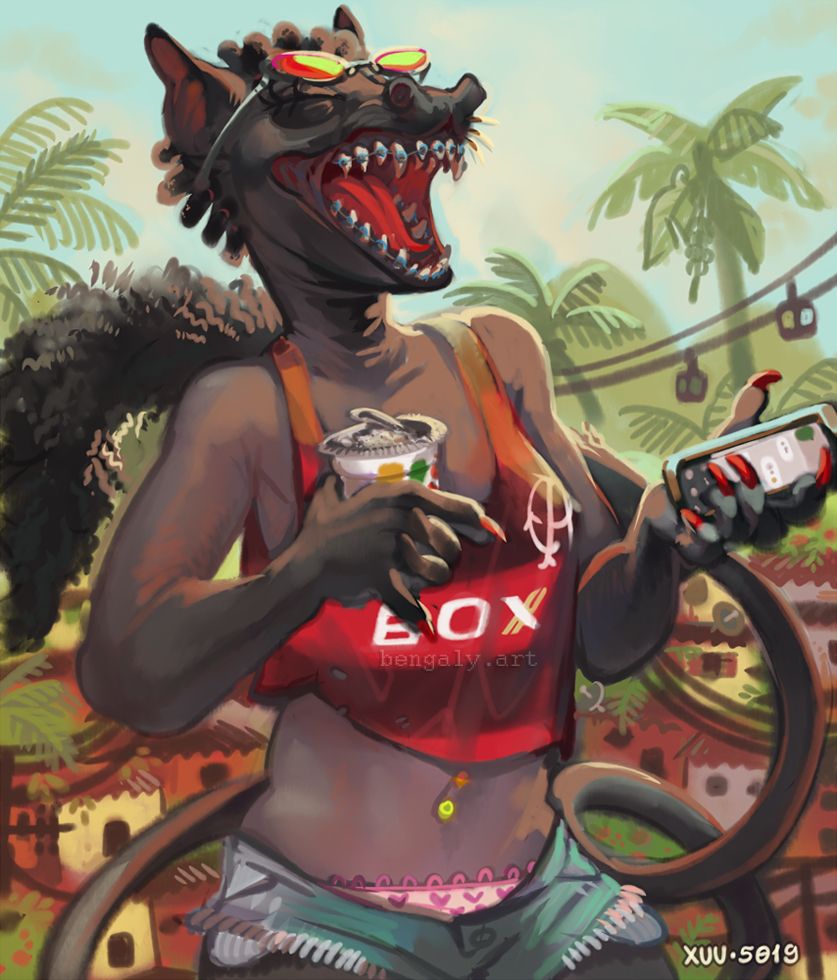 an anthro bat-like creature named Teriyaki. shes laughing while holding her phone. you can see its whatsapp on her phones screen. on her other hand she holds a guaravita cup, a popular drink in rio de janeiro. she has bright iridescent sunglasses and a cropped flamengo (soccer team) shirt. shes wearing jeans short shorts that show the top part of her pink heart panties and has a neon yellow and orange belly button piercing. the background is a favela with palm trees and cable cars.