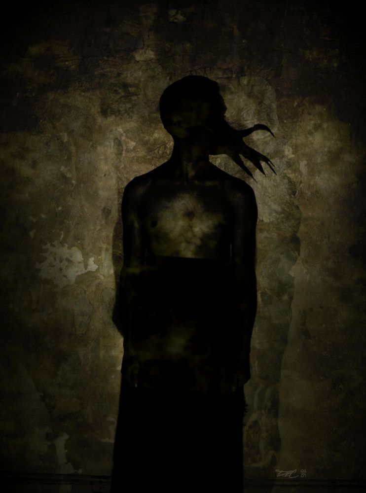 He Was Popular With The Townsfolk. 2007. Digital mixed medium. 

A shadowy masc presenting human figure forward stanting against a dilapidated plaster wall. They are shirtless and wearing a long skirt. They're head is tuned to the right in profile. Five short tentacles are extending from their face.