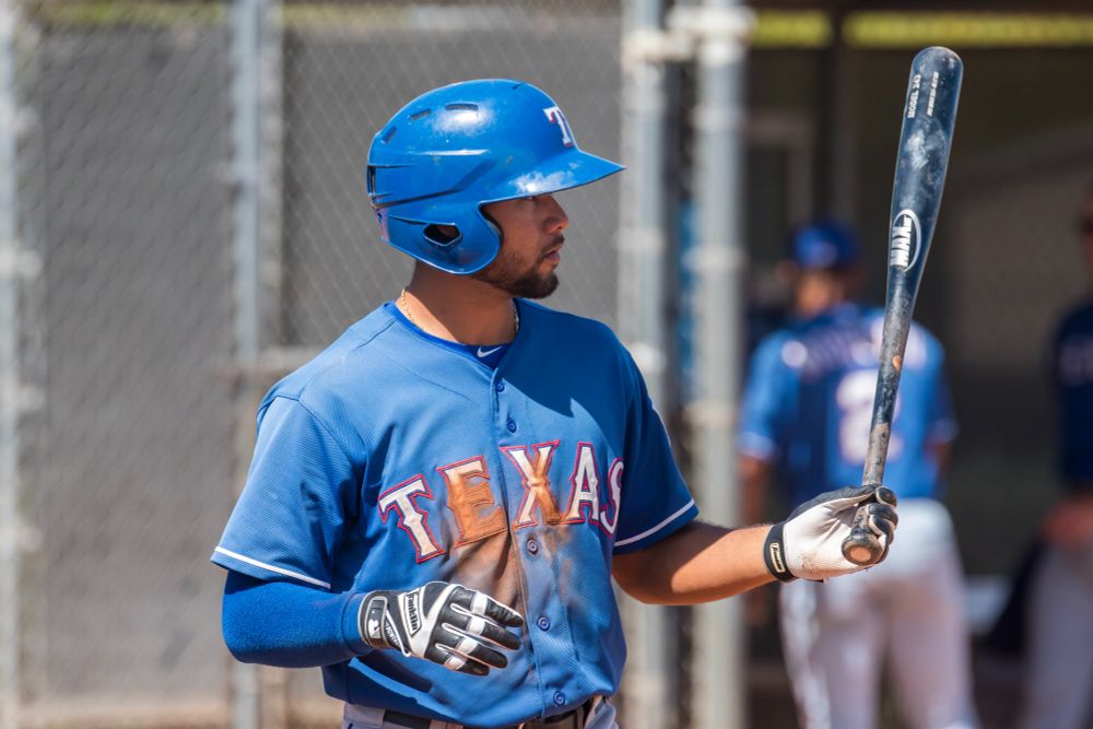 Texas Rangers prospect Isiah Kiner-Falefa steps up to the plate a minor league backfield game against the San Diego Padres in Peoria, AZ, on March 26, 2017. (Jared Ravich/MiLB.com)