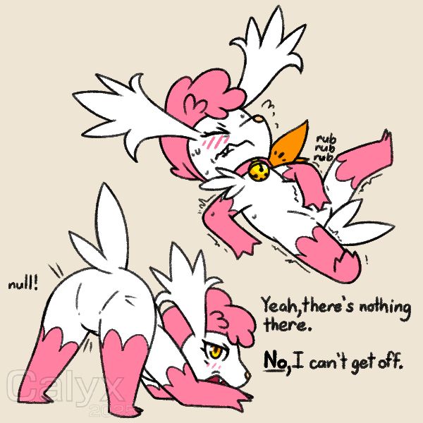 Remymorph’s Shaymin sona, in two poses. The top one is her lying on her back, eyes closed and mouth scrunched up in frustration, rubbing her null patch, trying to reach orgasm but can’t and never will.

The lower pose is her standing, presenting her null spot towards the camera. She says, “Yeah, there’s nothing there. No, I can’t get off.”
