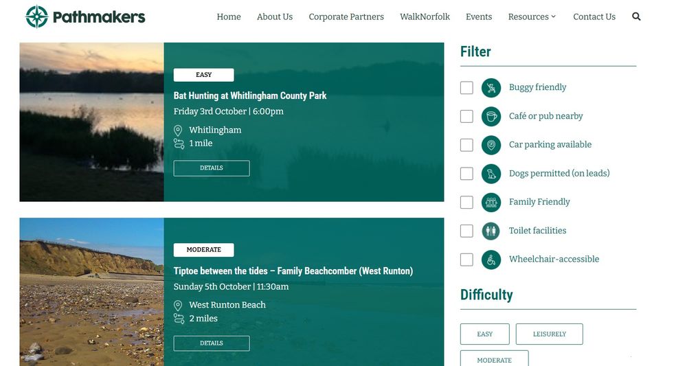 A screenshot of the events page of the Pathmakers website https://www.pathmakers.org.uk/events/ The events shown on the left are a bat walk at Whitlingham C.P. and a family beachcombing event at West Runton.