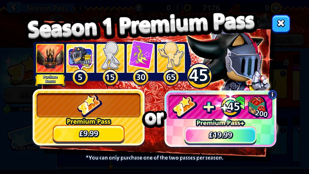 a premium pass for season 1 of sonic rumble at £9.99 with a plus pass option at £19.99
