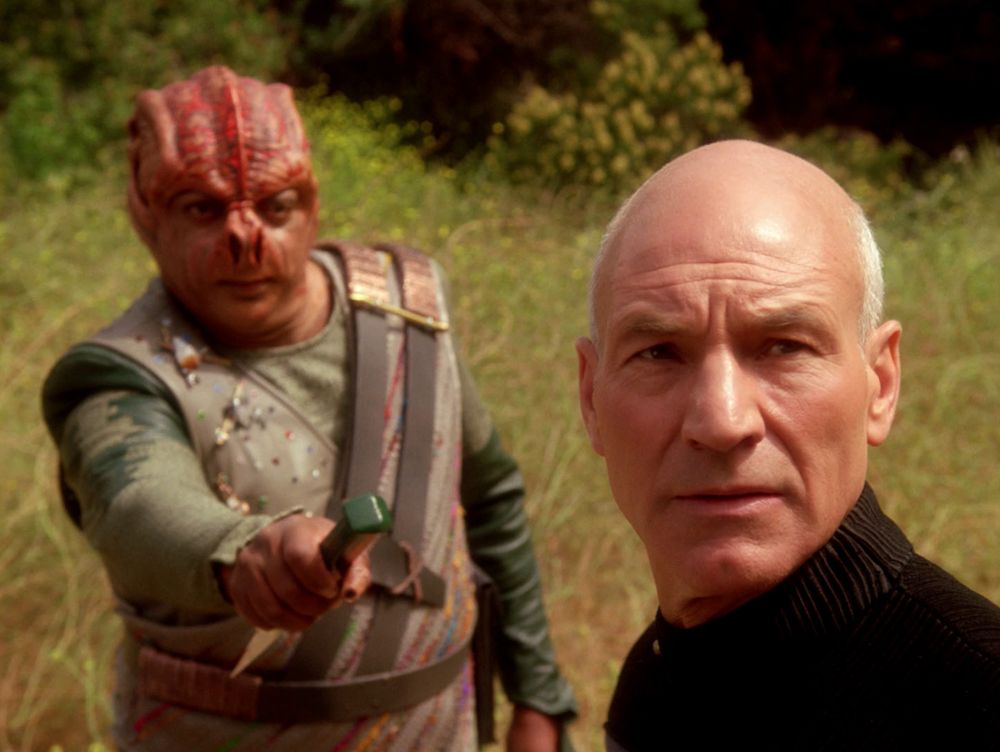 clip from the Star Trek: The Next Generation episode "Darmok". The Tamarian captain, Dathon, is pictured with Captain Jean-Luc Picard. The Tamarians communicate by using brief allusions to their history and mythology. 
