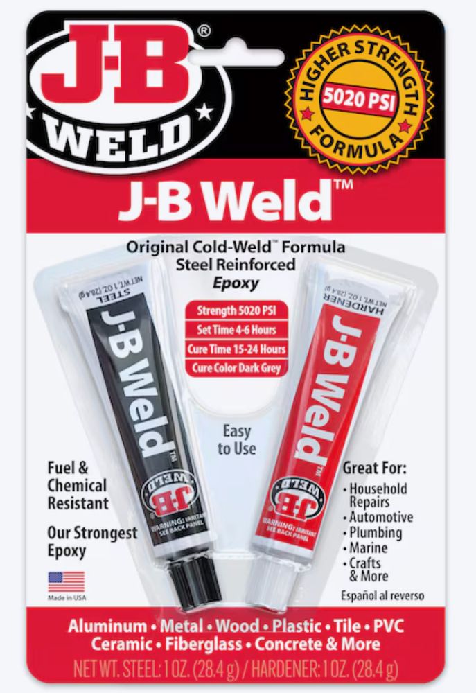 A picture of J-B Weld, originial cold-weld formular steel reinforced epoxy

J-B Weld... James Bond... J-B... get it??? Get it???
