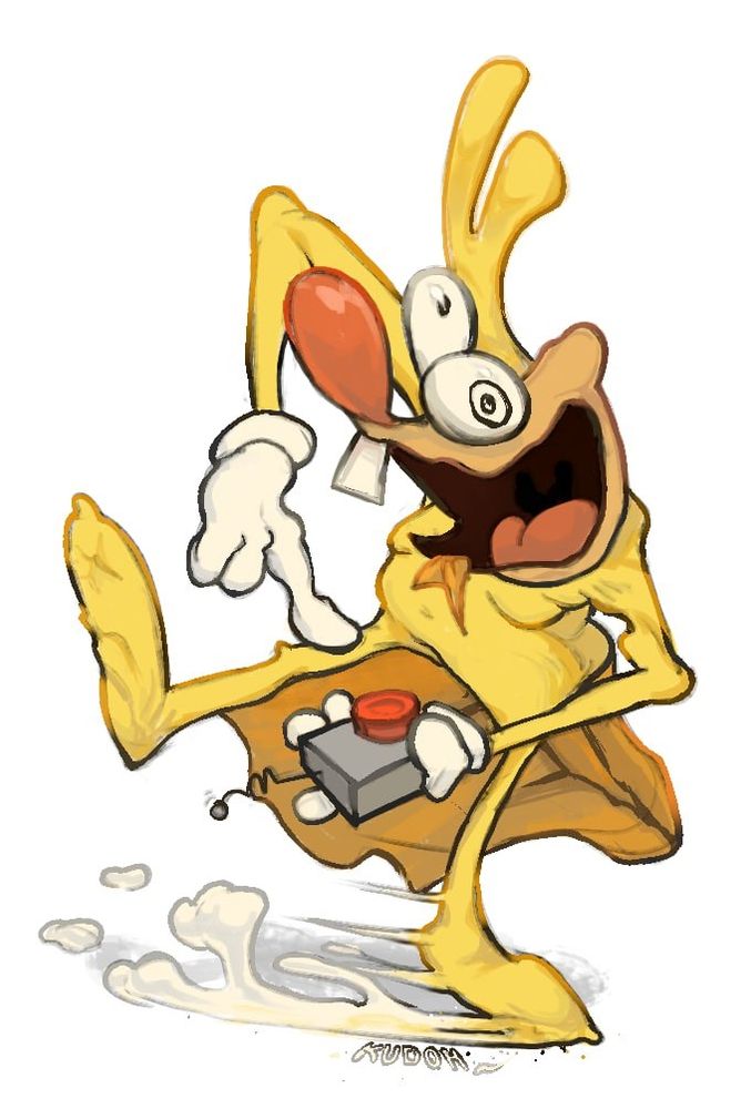 Bo-Noise stopping from a run and about  to press a big red button while having a manic look