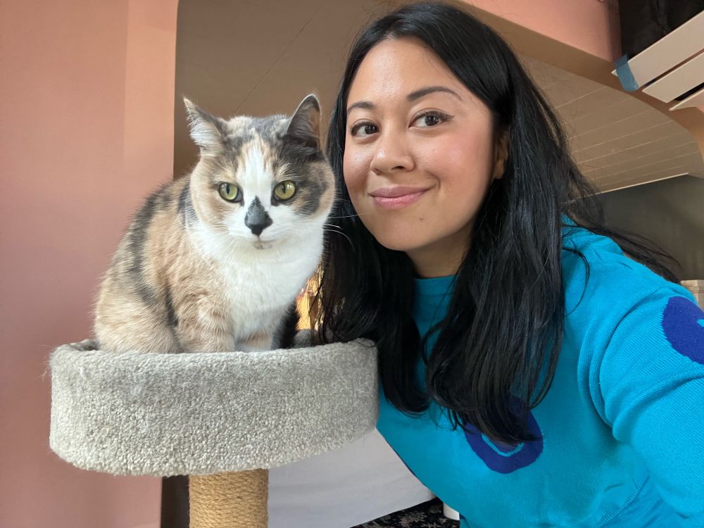 Mitra and Muffin who is a small calico cat