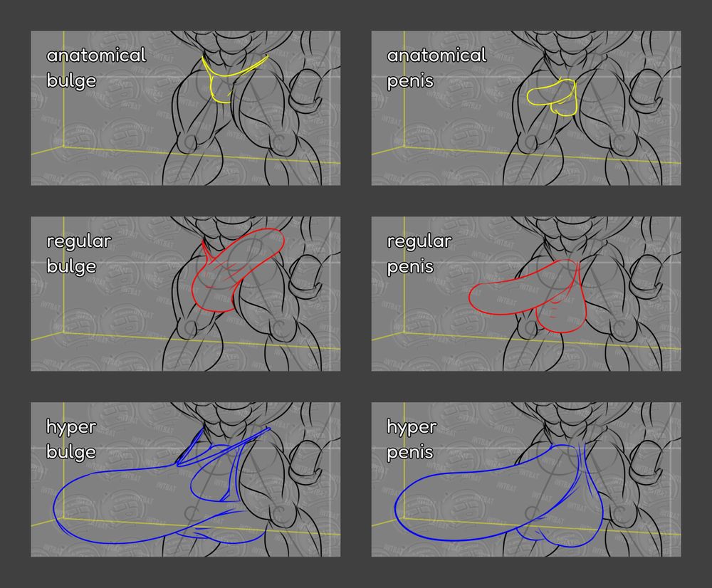 The 6 possible versions of the Muscle YCH, from top-to-bottom, left to right: anatomical bulge, anatomical penis, regular bulge, regular penis, hyper bulge, and hyper penis.