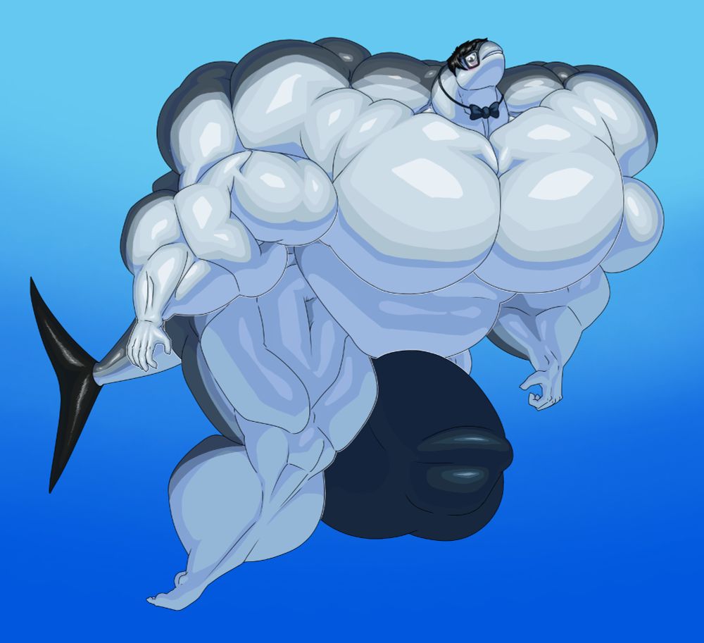 Bangus Cal swimming in the great blue with bulging muscles and a big gut, wearing nothing but a pair of glasses, a bowtie, and his speedo, which fully contains his obscene bulge.