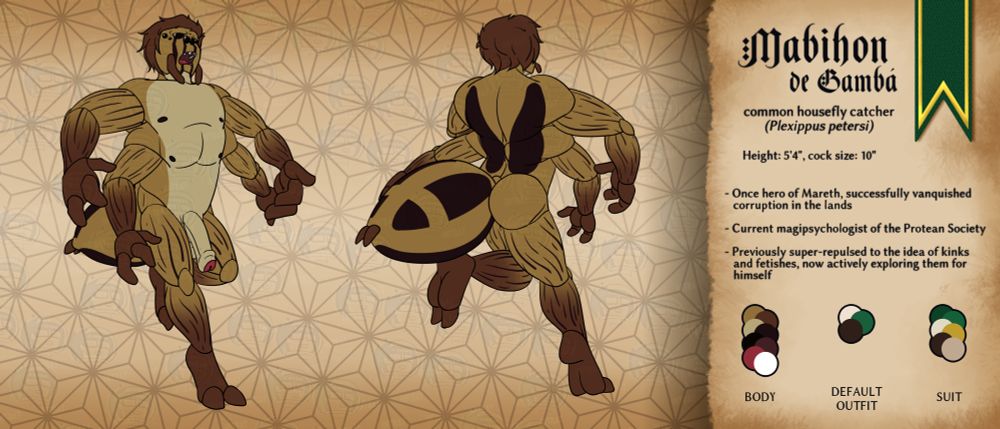 Mabihon de Gambá's reference sheet. He is nude with his well-endowed flaccid cock hanging out.

Species: common housefly catcher (Plexippus petersi)
Height: 5'4"
Cock size: 10"

- Once hero of Mareth, successfully vanquished corruption in the lands
- Current magipsychologist of the Protean Society
- Previously super-repulsed to the idea of kinks and fetishes, now actively exploring them for himself