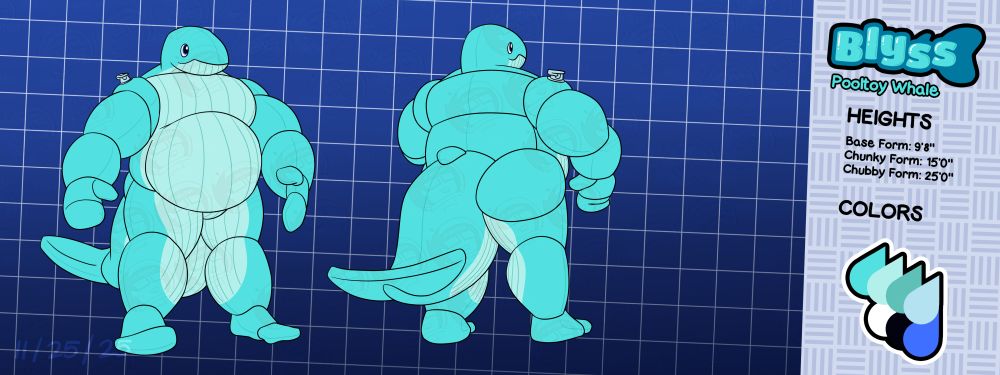 Reference sheet for Blyss, the pooltoy whale, in their base form (standing at 9'8").