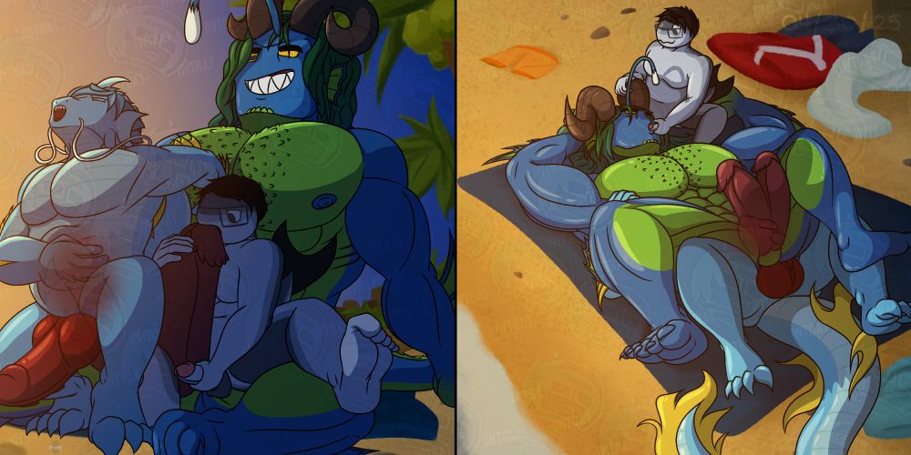 PANEL 1: Mercury grins as he sits back and watches the two aquatic men pleasure themselves with his two dicks. Laho Bakunawa, the mighty sea serpent, is impaling himself on one of Merc's cocks; while Bangus Cal is merely stroking himself and gently sucking on the tip of the other.

PANEL 2: The three of them have switched positions with Mercury now being the one penetrated on both sides. He sucks Cal's relatively bite-sized cock with puckered lips while Laho fucks Merc in the ass, laying beneath him.