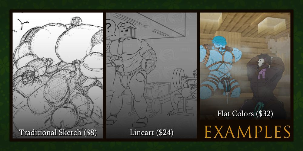 Example sheet, from left to right: Traditional sketch (8 USD), lineart (24 USD), and flat colors (32 USD)