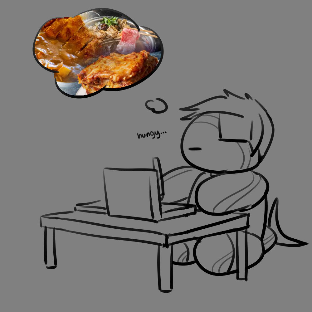 A doodle of chibi Bangus Cal working on art on his PC, plagued by thoughts of delicious food.