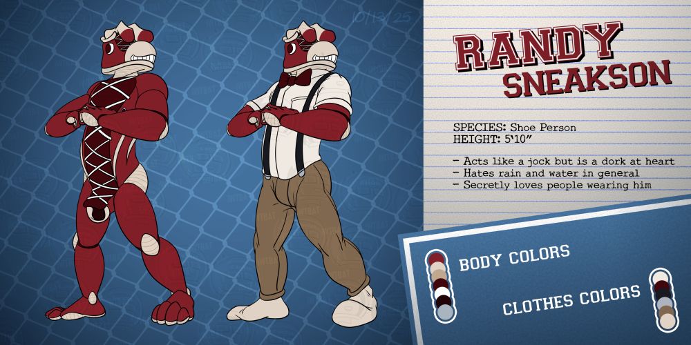 Reference sheet for Randy Sneakson, the shoe person. The version on the left is him in the nude, and the one on the right is him in normal attire. He is 5'10" tall. He acts like a jock but is a dork at heart, and hates rain and water in general. However, he secretly loves people "wearing" him, most likely through his crotch where it's shaped like the hole of a work boot.