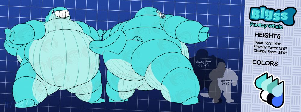 Reference sheet for Blyss, the pooltoy whale, in their chubby form (standing at 25'0") with the silhouettes of their chunky and base forms to the side and to scale.