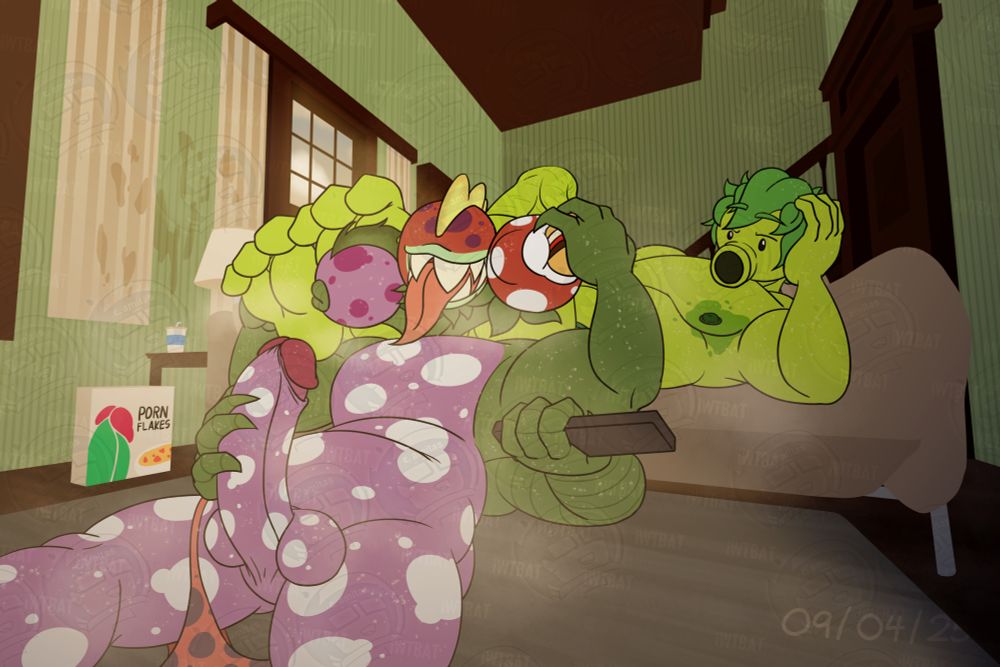Chomp and company are sitting on the living room floor with Sprout lounging on the sofa behind them, the Peashooter's feet being caressed and nuzzled by Chomp (the right head). Kiss only lolls his tongue out lewdly as he uses their lower pair of arms to stroke their cock with their left and to hold a remote control with their right. Bite is just chomping down on a sandwich. Both (or all four?) of them are sweaty and musky in the afternoon heat.