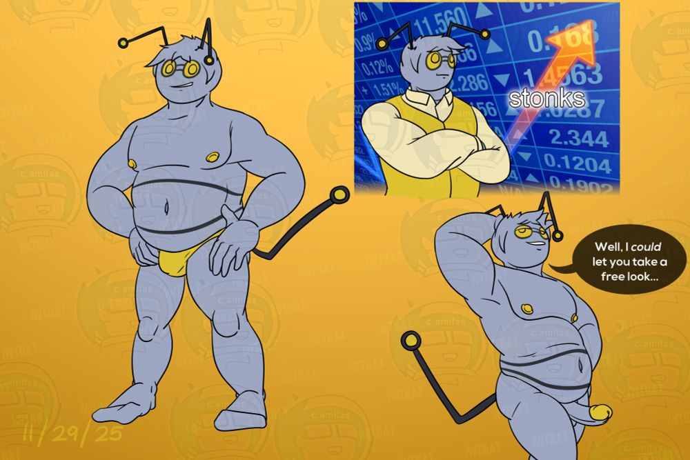 From left to right, top to bottom: Gimmighoul Cal standing in nothing but his golden thong, the "stonks" meme with Gimmighoul Cal, and Gimmighoul Cal posing sexily in the nude with his cock erect, saying "Well, I *could* let you take a free look...".