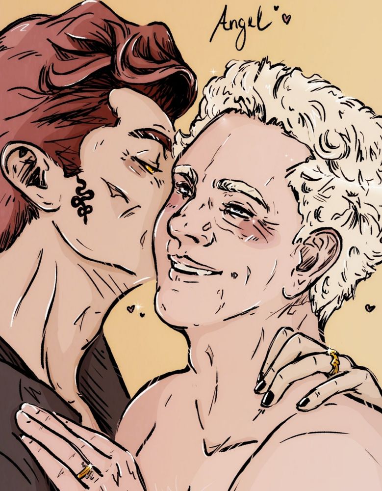 A close-up of the first picture, the faces of the Ineffable Husbands are in focus here so that details can be better recognized.