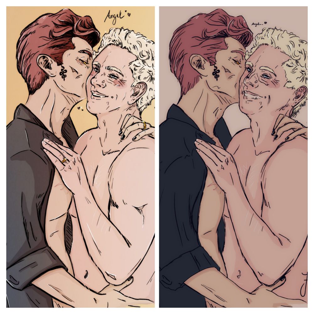 A comparison of the current image on the left with the old sketch on the right to show the changes and reworking that the sketch from last year has now undergone. The lines of the old version are rougher, less well worked out. In addition, Aziraphale's facial features and part of the head anatomy in particular have changed. Just like the color scheme. Otherwise, the atmosphere has remained comparable.