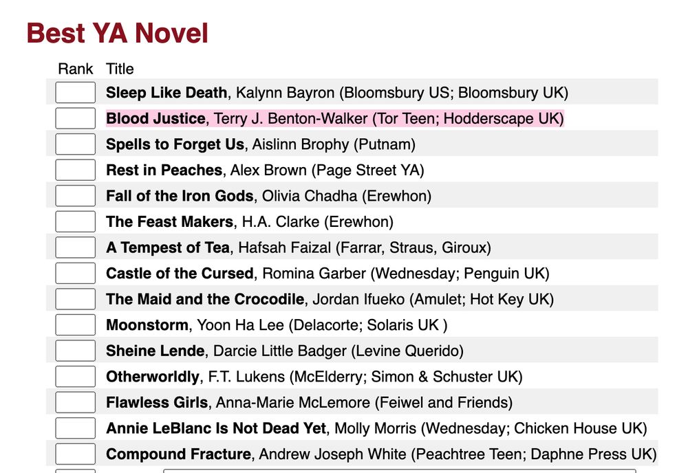 A screenshot of the 2024 Locus Award ballot for Best YA Novel: Best YA Novel
Rank Title
Sleep Like Death, Kalynn Bayron (Bloomsbury US; Bloomsbury UK)
Blood Justice, Terry J. Benton-Walker (Tor Teen; Hodderscape UK)
Spells to Forget Us, Aislinn Brophy (Putnam)
Rest in Peaches, Alex Brown (Page Street YA)
Fall of the Iron Gods, Olivia Chadha (Erewhon)
The Feast Makers, H.A. Clarke (Erewhon)
A Tempest of Tea, Hafsah Faizal (Farrar, Straus, Giroux)
Castle of the Cursed, Romina Garber (Wednesday; Penguin UK)
The Maid and the Crocodile, Jordan Ifueko (Amulet; Hot Key UK)
Moonstorm, Yoon Ha Lee (Delacorte; Solaris UK)
Sheine Lende, Darcie Little Badger (Levine Querido)
Otherworldly, F.T. Lukens (McElderry; Simon & Schuster UK)
Flawless Girls, Anna-Marie McLemore (Feiwel and Friends)
Annie LeBlanc Is Not Dead Yet, Molly Morris (Wednesday; Chicken House UK)
Compound Fracture, Andrew Joseph White (Peachtree Teen; Daphne Press UK)