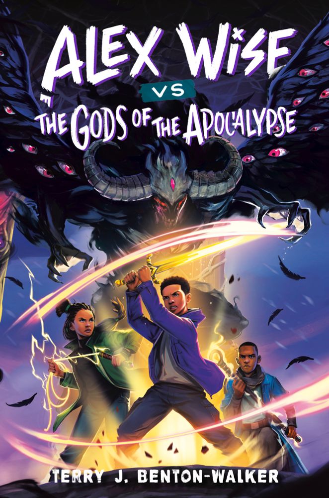 The cover of Alex Wise vs the Gods of the Apocalypse. Alex, Liam, and Loren are in battle with a winged monster.