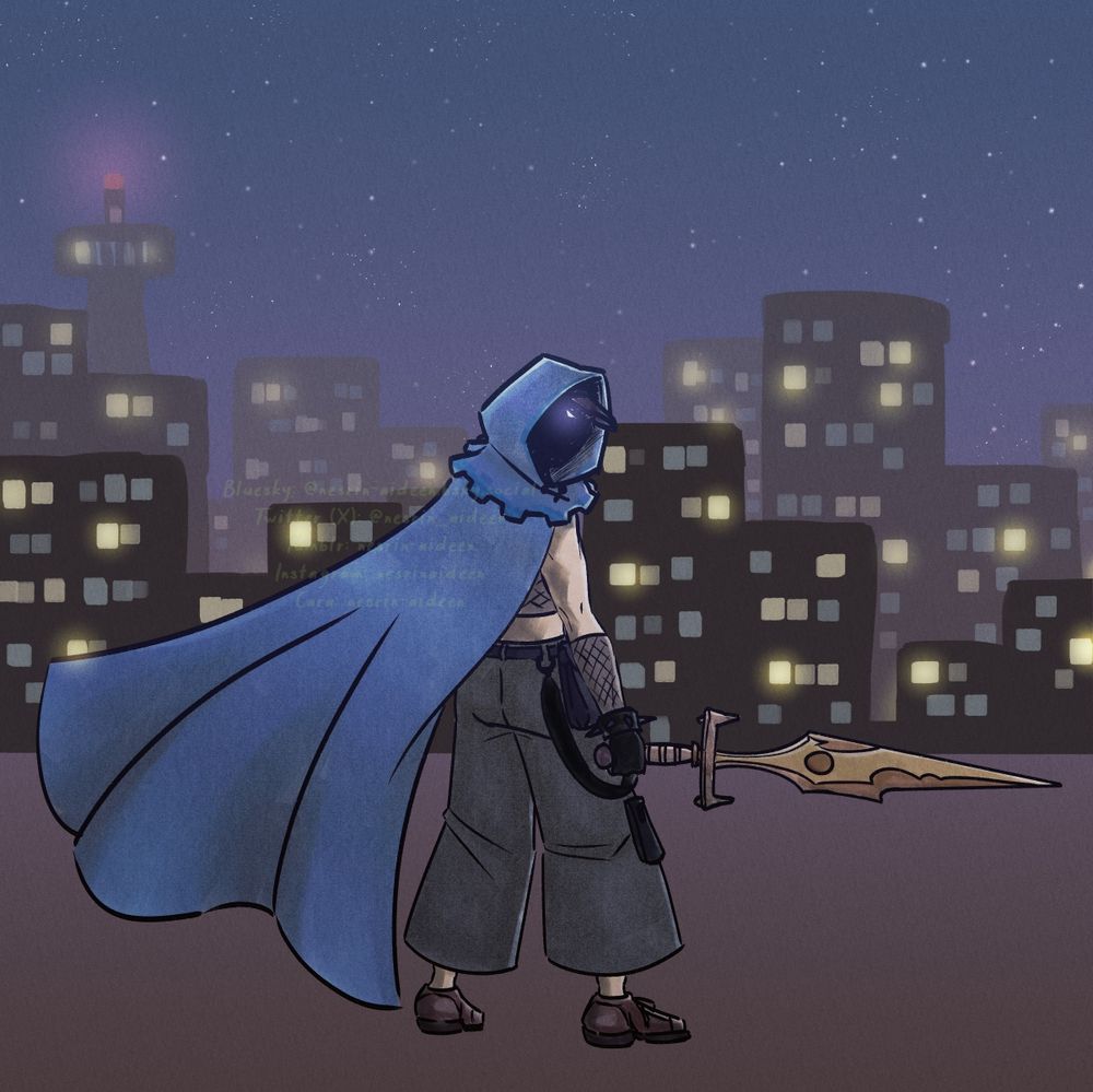 Olon with his sword looking back at the camera in front of a night urban landscape