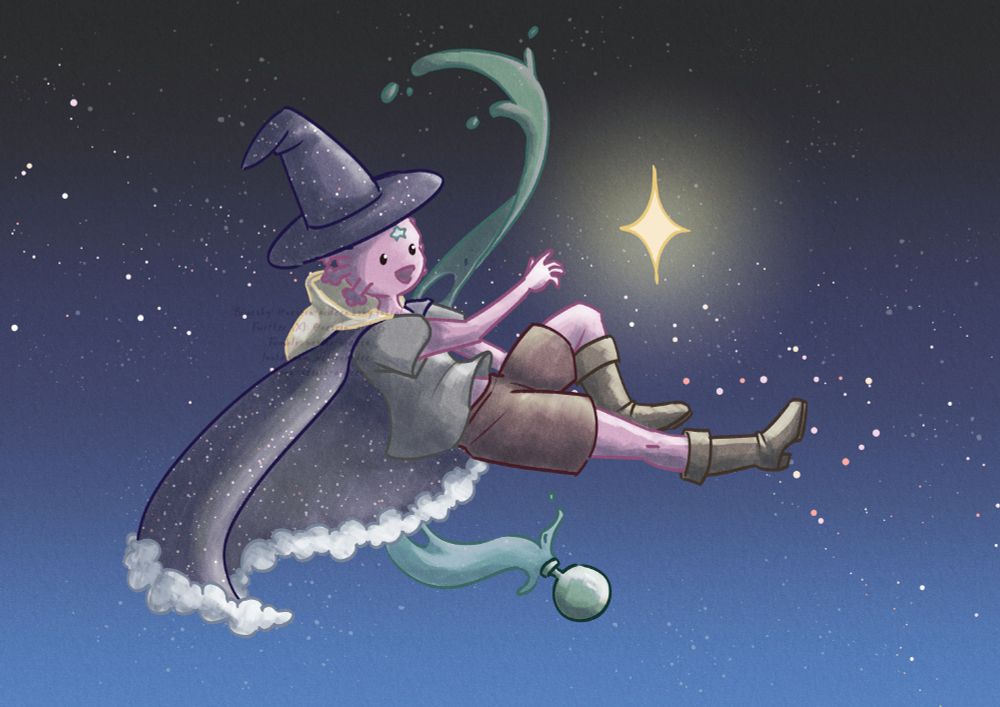 Oz reaching for a star while floating in the sky with a potion spilling in the background