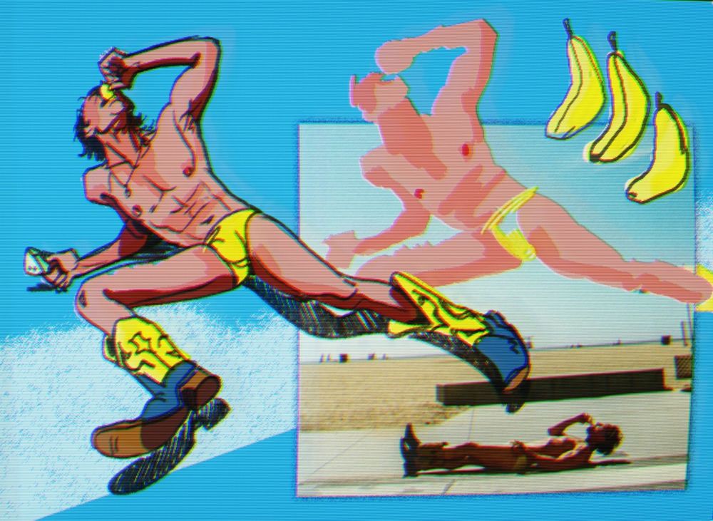 why did he do that? Walton Goggins for Cultured Magazine
I think he's eating an apple 
He wears a yellow speedo and two tone yellow blue cowboy boots.
