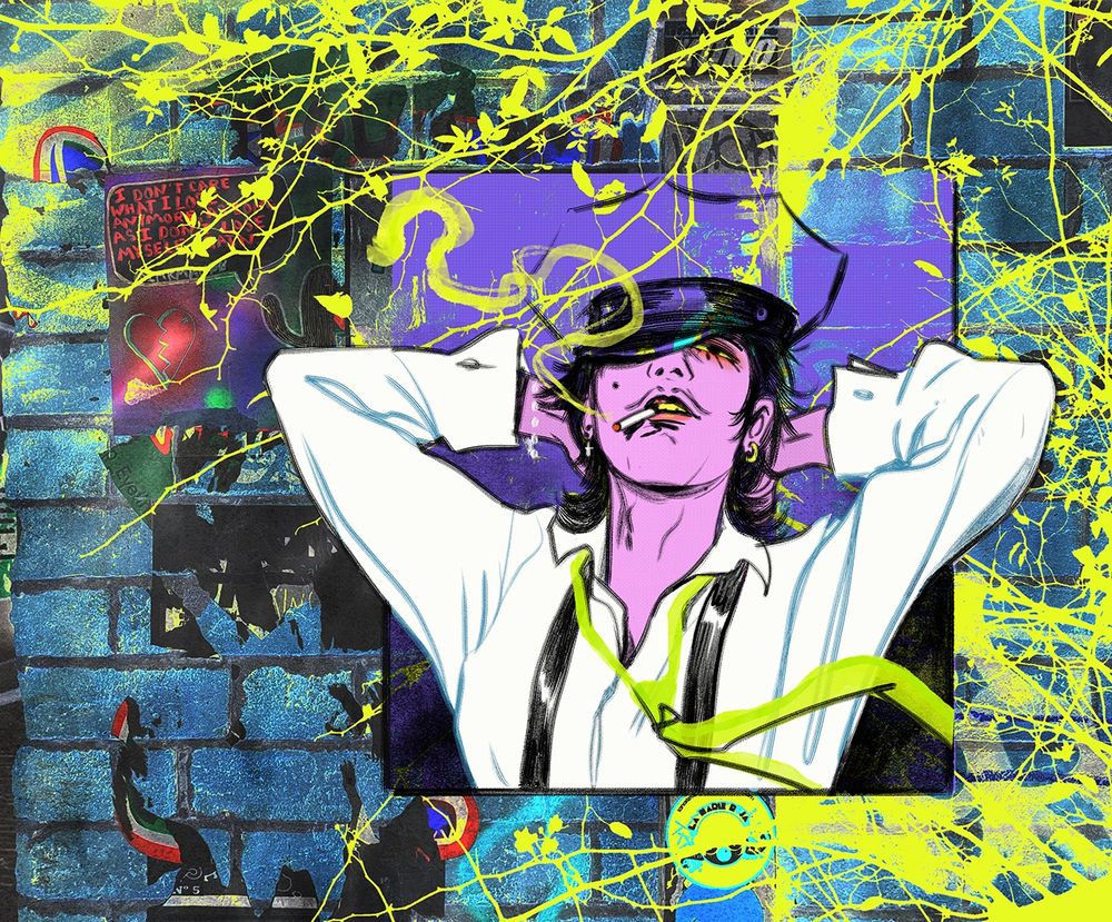 illustration of an androgynous person wearing a nondescript uniform that's made up of a white shirt, tie, suspenders and hat. they have a cigarette hanging from their mouth and a drawn on moustache. they have their hands behind their head.
this is a drawing based of a vintage fetish photo. it is layered over heavily edited photography of a graffitied and stickered wall. there is a silhouette of tree branches with leaves, torn and buds.  