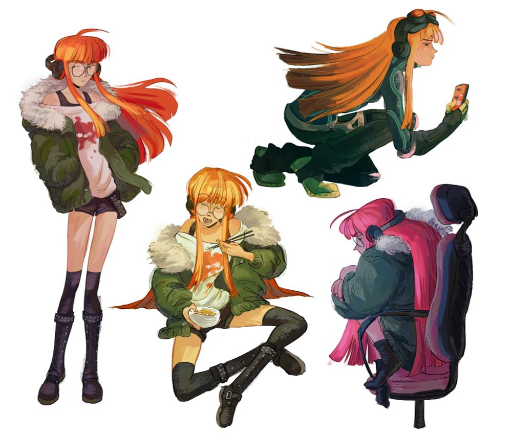 Four drawings of Futaba from Persona 5 against a white background - standing; seated eating curry rice; hunched over on her desk chair; and checking her phone while crouched in her Oracle outfit.