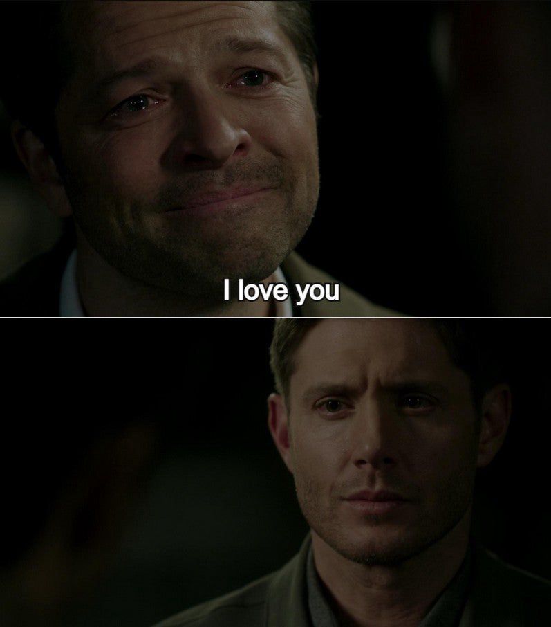 2-panel image with screen captures from Supernatural.

Top: Castiel saying “I love you” with the caption “I love you”

Bottom: Dean taking this in with room for a caption. This section is usually used for breaking news - at least on Tumblr.