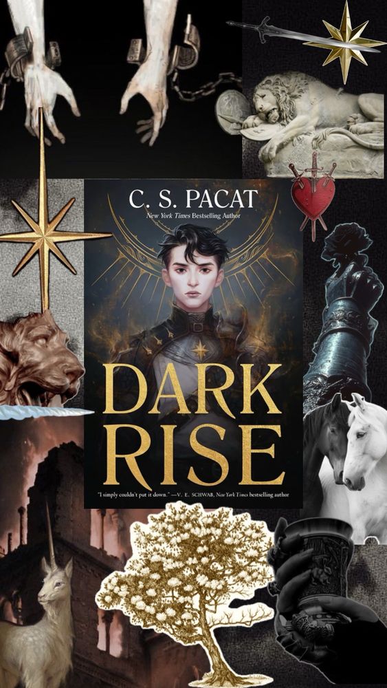 A collage of hands with handcuffs falling off, gold stars, a lion statue, a hawthorn tree, horses, a unicorn with the cover of Dark Rise by CS Pacat in the center 